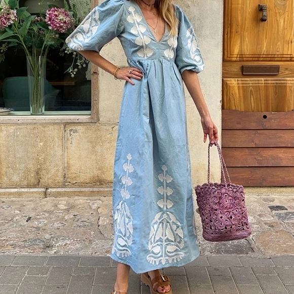 Dresses & Skirts - Pattern Print Beach Bohemian Dress New Summer Short Sleeve Waist Long Dress
